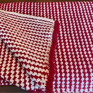 Handmade knit red and white crochet afghan throw lap blanket